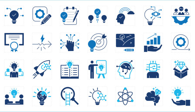 A set of icons related to Innovation. Innovate, create, invention, bulb, setup, teamwork, digital, award, brilliant, and so on.