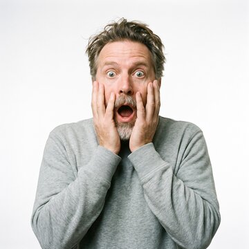 Shocked Middle-Aged Man with Hands on Cheeks and Open Mouth