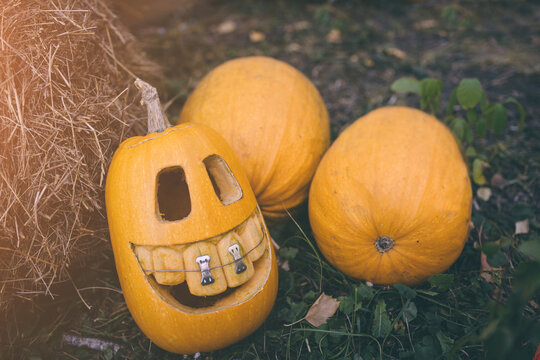 Ghost pumpkins on Halloween. ead Jack on an autumn background. Holiday outdoor decorations