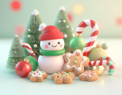 Cute 3D Christmas Snowman with Gingerbread Cookies, Candy Canes and Colorful Holiday Ornaments