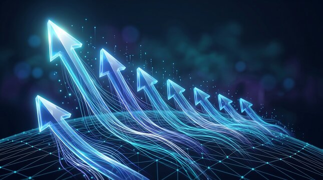 Rising blue arrows with glowing light trails on digital grid background representing financial progress and market growth analysis in modern business intelligence application