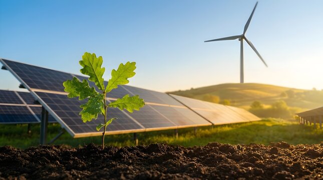 Young oak sapling growing in soil with solar panels and wind turbine, symbol of green energy and nature conservation