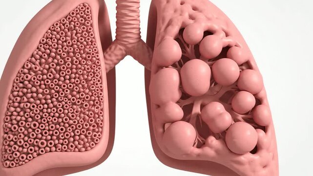 Emphysema affecting the lungs, showing damaged enlarged alveolar spaces with reduced internal partitions compared with healthy surrounding air sacs