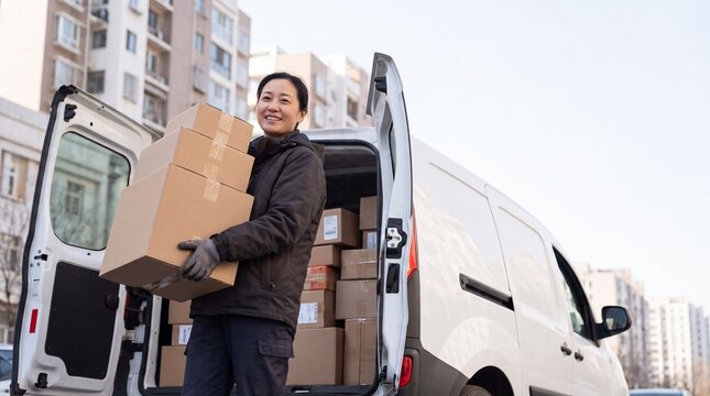 Courier carrying stacked cardboard parcels from an open white delivery van in an urban residential neighborhood, visible boxes and apartment buildings behind