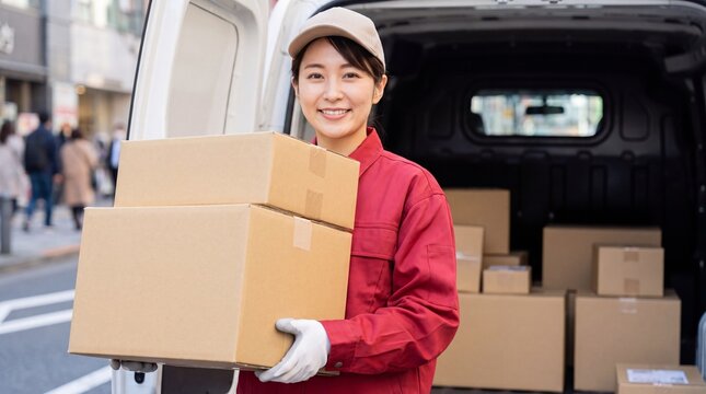 Courier carrying cardboard parcels in red uniform and cap beside an open delivery van on a city street, smiling person with stacked packages