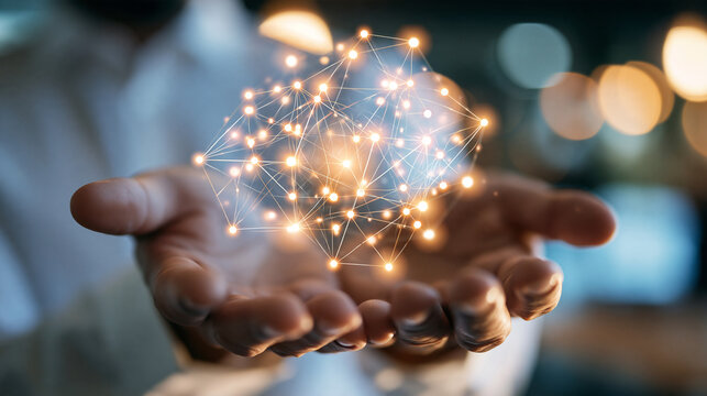 Cropped hands of a businessperson holding a knowledge graph of connected nodes floating above the palms face out of frame knowledge graph semantic network knowledge and data