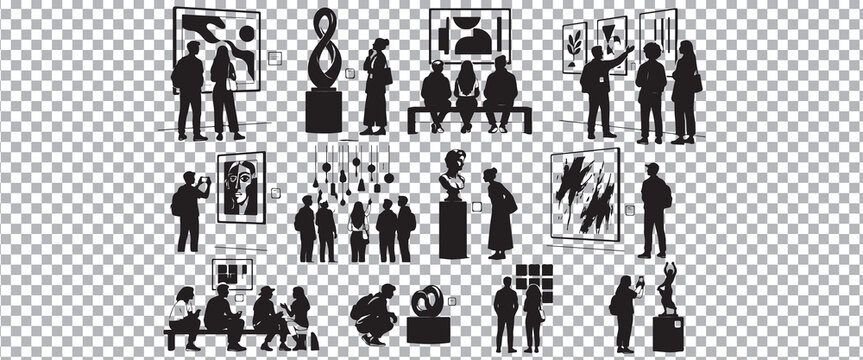 People silhouettes visiting art gallery museum exhibition viewing paintings and sculptures vector set