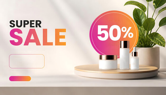 Clean White Product Showcase Podium Background with Super Sale 50 Percent Discount Promo Banner