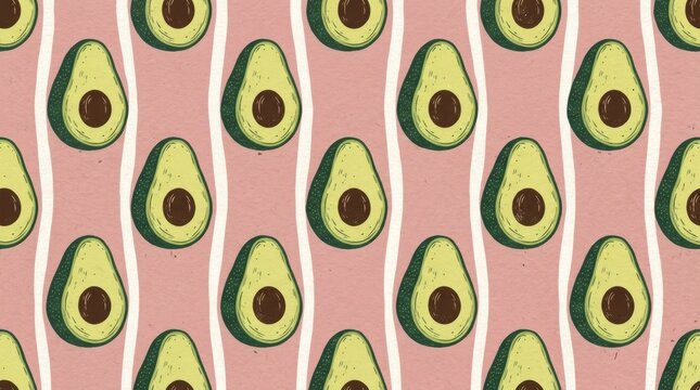 Seamless pattern of halved avocados on pink background