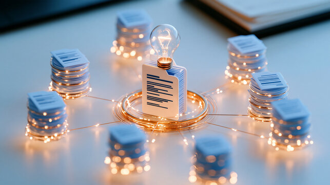 Clean 3d render of connected digital files around a central idea document with a light bulb on a light background knowledge management document insight concept connected digital files