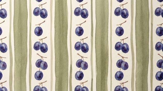 Watercolor seamless pattern with purple plums and green stripes on paper background