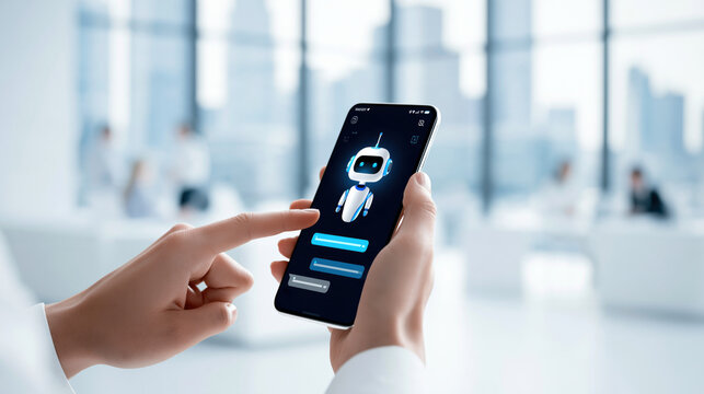 Chatbot interface on smartphone with user tapping screen and expressive friendly robot avatar in modern office