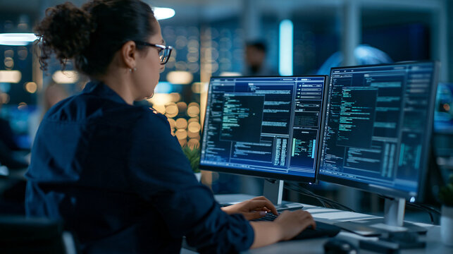 Rear view of a female software engineer coding on dual monitors in a high tech server room face out of frame software engineer coding dual monitors server room professional