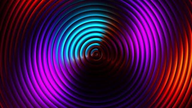 Vibrant colorful glowing concentric circles rotating rhythmically creating hypnotic visual patterns across dark geometric backgrounds
