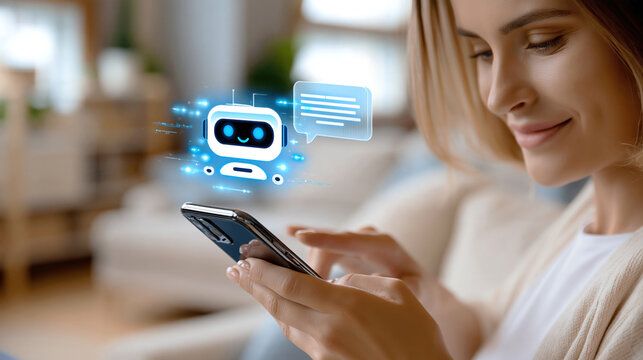 Smiling person using smartphone with holographic chatbot interface and message notification conveying friendly digital assistance