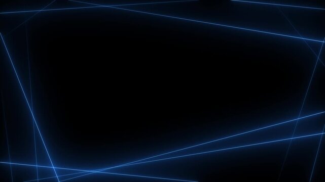 Glowing blue neon laser lines crisscrossing around the edges of a dark black background. Abstract frame design with intersecting light beams and a large empty center for text or video overlay.