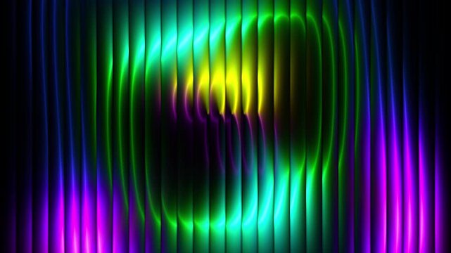 Glowing colorful vertical neon waves rippling across dark abstract background with vibrant shifting cyan, magenta, and yellow lights illuminating digital texture