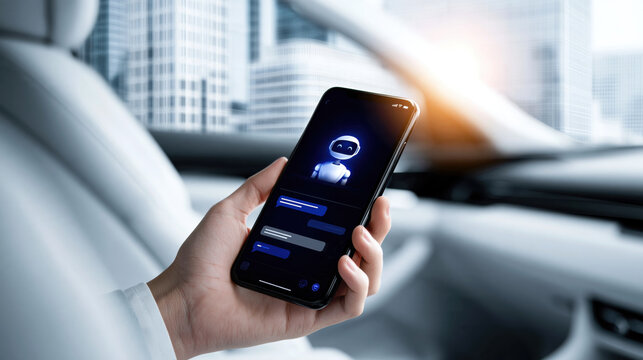 Hand holding smartphone with chatbot assistant interface in car interior at sunrise, modern urban commute mood
