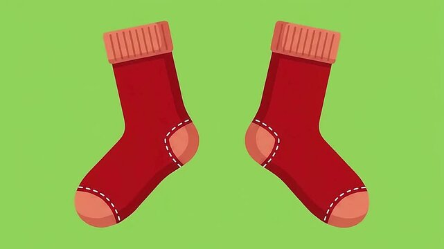 Bright red cozy winter wool socks bouncing up and down against green background