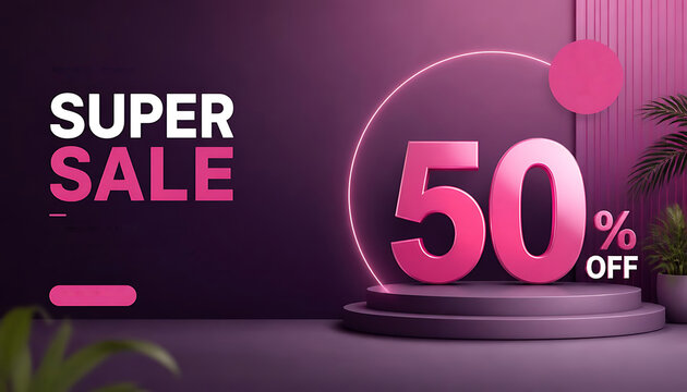 3D Podium Product Display Background with Neon Circle Ring and Super Sale 50 Percent Off Banner Text