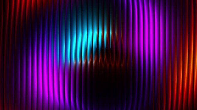 Glowing neon abstract background features vibrant vertical lines with shifting purple and blue gradients moving seamlessly across the dark curved surface texture