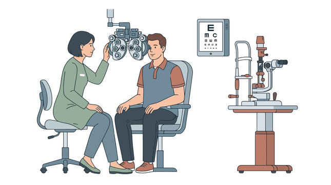 Optometrist examining patient's eyes with phoropter, eye chart and slit lamp