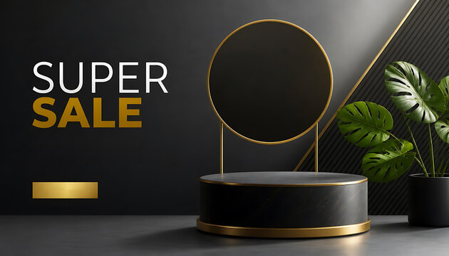 Elegant Black Stage Podium Display Banner with Golden Arch Ring, Tropical Leaves, and Super Sale Text