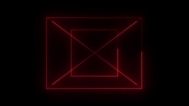 Glowing red neon laser lines forming nested rectangles with crossing diagonals on a dark black background. Abstract futuristic geometric design with a bright center intersection.