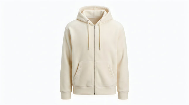 Light beige hoodie with front zipper and pockets isolated on white background