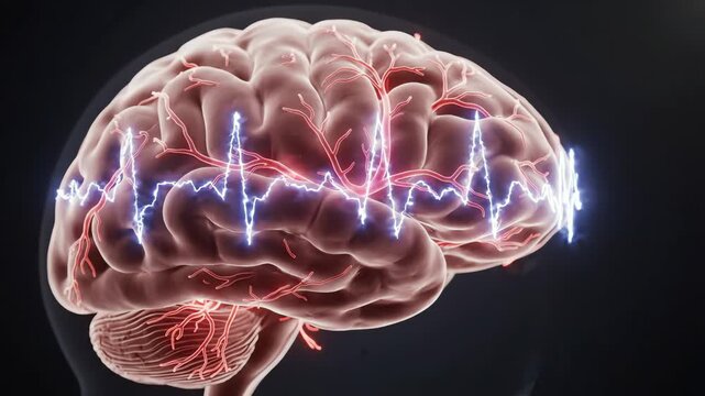 Migraine episode affecting the brain, showing subtle rhythmic changes in cerebral blood vessels and controlled neural activity within consistent brain structures