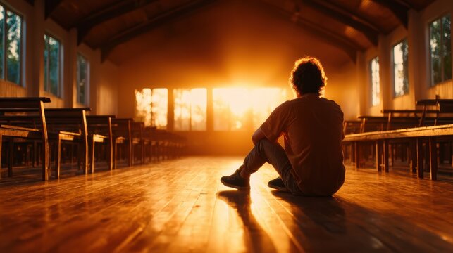 A person sits in quiet contemplation as sunlight floods a vacant hall, creating a serene and introspective atmosphere that invites deeper thoughts and feelings.