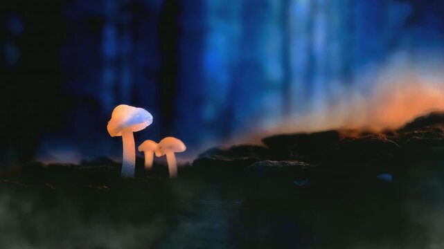 Macro mushrooms on mossy forest floor with dreamy blue bokeh background