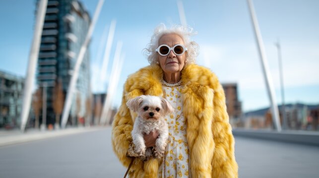An elderly woman dressed in a vibrant yellow fur coat stands confidently with her small dog, capturing a moment of stylish individuality and the beauty of ageless fashion in an urban background.