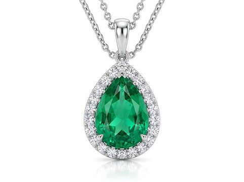 Exquisite green emerald gemstone pendant with diamond halo on silver chain isolated on white background