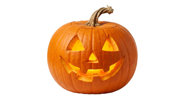 Glow carved Halloween jack o lantern pumpkin isolated on white background