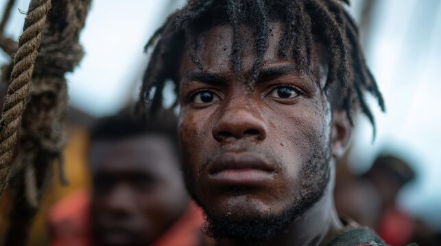 A gritty close-up portrait of a young man with dreadlocks surrounded by ropes on a boat, capturing his resolve and the struggles faced by those in challenging environments and survival.