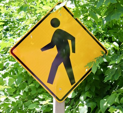 A close view of the yellow crossing sign.