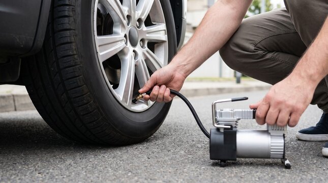 Person inflating a car tire with a portable air compressor on the street