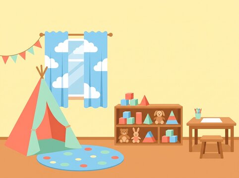 Colorful children playroom interior with teepee tent and wooden toy