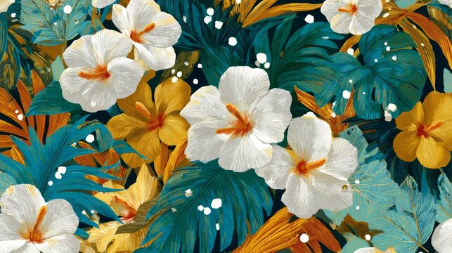 Vibrant floral pattern featuring colorful hibiscus flowers and tropical leaves on a textured background