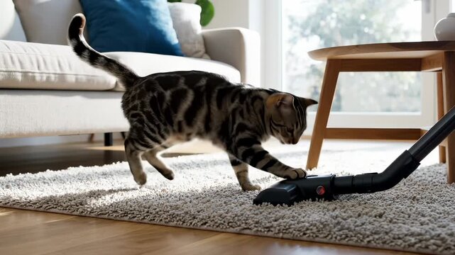 Curious cat investigates vacuum cleaner on carpet in home. Tabby cat sniffs vacuum during cleaning. Pet explores cleaning equipment in living room. Cat approaches vacuum on carpet. Home cleaning with