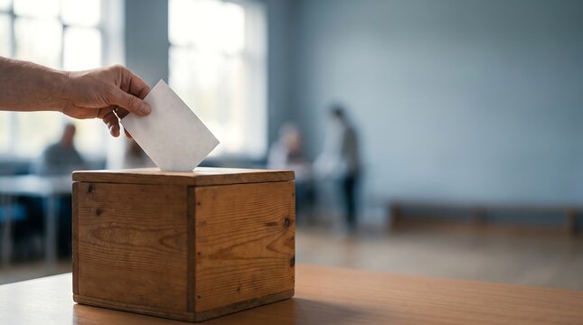 Person hand casting a paper ballot into a wooden box during a