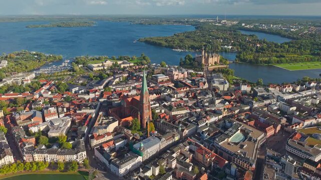 High angle Drone Point of View on Schwerin, capital and second-largest city of the northeastern German state of Mecklenburg-Vorpommern, flying backwards