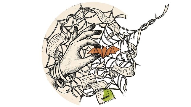 Halloween illustration with hand holding a small bat over a spider