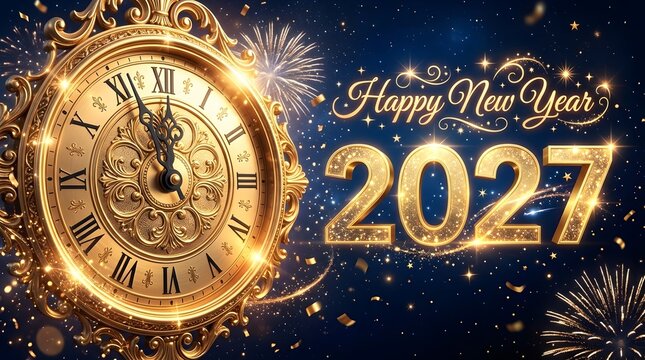 Vintage golden clock showing midnight for 2027 happy new year celebration with glittery fireworks.