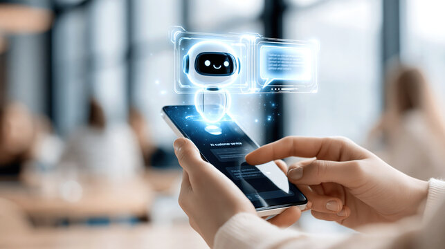 Friendly chatbot hologram emerging above smartphone screen with person interacting in modern office setting, futuristic and optimistic tone