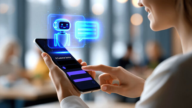 Woman using smartphone chatbot app with holographic AI assistant glowing above screen modern cafe, smiling interaction and digital message