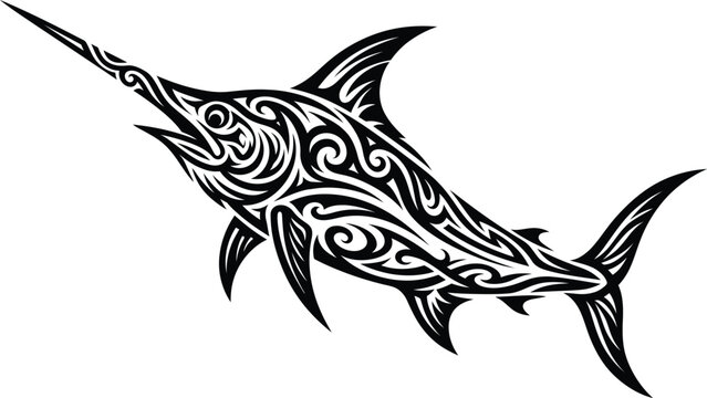 Black and White Tribal Swordfish Graphic Clipart