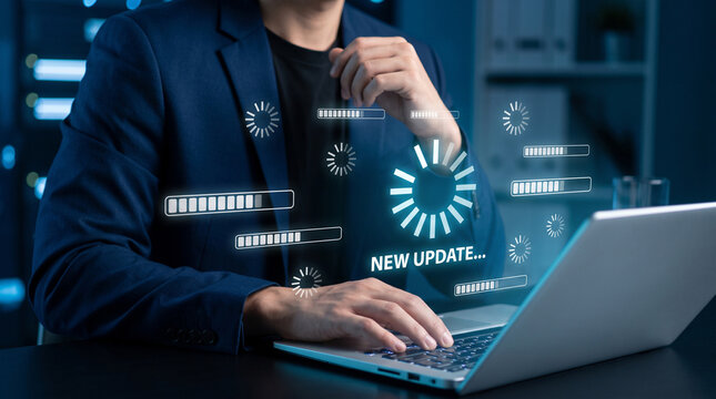 Businessman using laptop with digital loading bar interface for software update in office