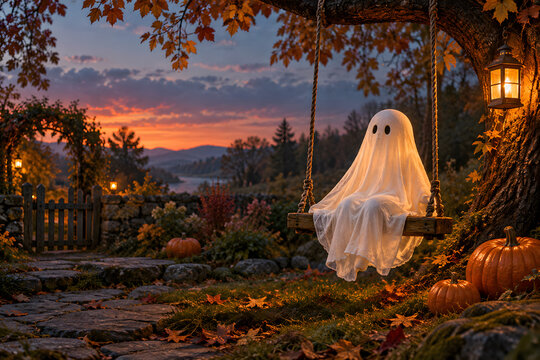 Friendly Ghost on a Wooden Swing in an Autumn Garden